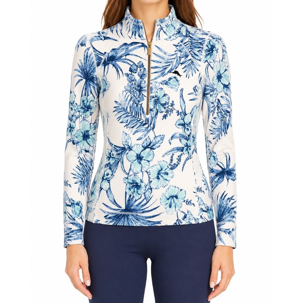 Tommy Bahama Womens Pullover Half Zip Top White Blue Floral Tropical XS
